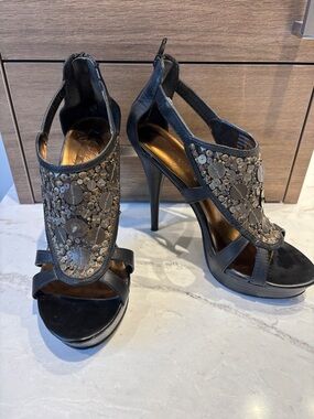Fergie Black Embellished Open-Toe Stiletto Heels